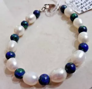 Pulsera Azurita/Malaquita y Perlas de Agua Dulce - 925 - Esterlina - Imagen 1 de 5
