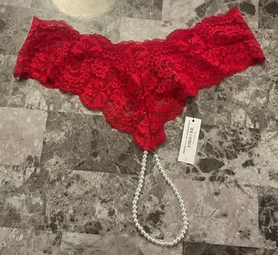 NWT ADORE ME SMALL RED FLORAL LACE PEARL STRING THONG CHEEKY PANTIES - Image 1 of 3