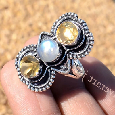 Piedra lunar arco iris genuina y corte citrino plata de ley 925 regalo para el día del padre Foto 1 de 4