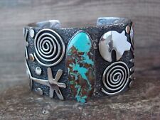 Navajo Indian Sterling Silver Turquoise Petroglyph Bracelet Signed Alex Sanchez
