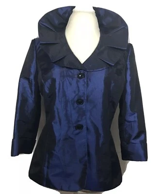 Jaqueta cropped Alex Marie tamanho 10 elegante azul real/meia-noite gola plissada extravagante! - Imagem 1 de 4