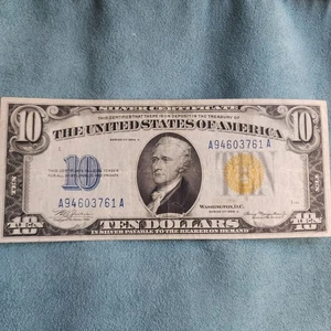 1934 $10 Bill North Africa Yellow Seal WWII Emergency Issue A94603761A Silver - Picture 1 of 6