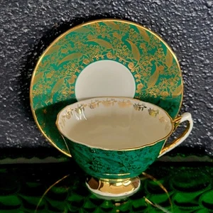 Elizabethan Staffordshire Sovereign Teetasse mit Fuß & Untertasse tiefgrün Goldrand - Bild 1 von 13