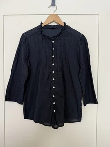Quince Blouse Top Womens Sz M Navy Textured Organic Cotton Peasant Boho Festival - Picture 1 of 13