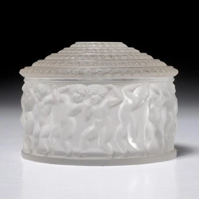 Lalique Les Enfants Dancing Putti Caja Cristal Transparente Esmerilado Francia 4.25" diámetro Foto 1 de 4