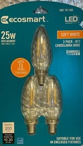 3 EcoSmart 25-Watt Clear Soft White B11 Blunt Tip LEDs w/Candelabra Base - Picture 1 of 1