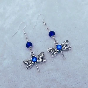 Blue Diamante Tibetan Silver 3D Dragonfly , 925 Silver Hook Earrings. Handmade. - Picture 1 of 4