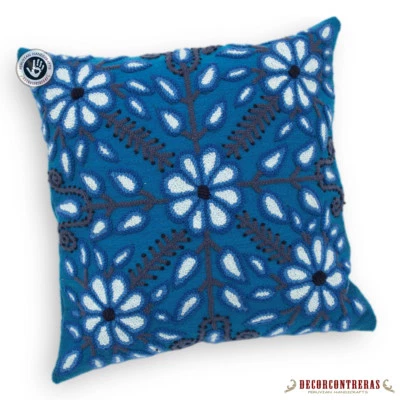 Peruvian Pillow cover 16x16"- Blue decorative Cushion - Peru Hand Throw pillows - Image 1 of 4