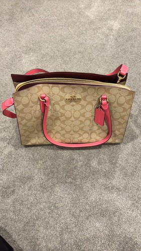 Borsa Coach Carryall Kaki Firmata Tela Confetti Pelle Rosa