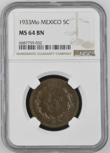 Mexico 5 Centavos 1933 Mo NGC MS 64 BN - Picture 1 of 2