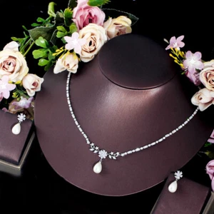 CZ Tennis Pearl Drop Necklace Earrings Top Silver Plated Flower Leaf Jewelry Set - Bild 1 von 8