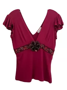 REBECCA BEESON BURGUNDY FLORAL EMBELLISHED RUFFLE CAP SLEEVE TOP: Sz L = 3, NWT - Picture 1 of 12