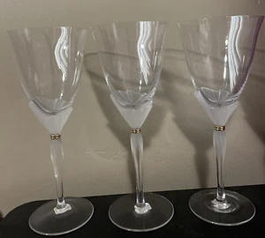 3 Sasaki Crystal Frosted Stem Wine/Water Goblets 24K Gold Band NEW! - Picture 1 of 9