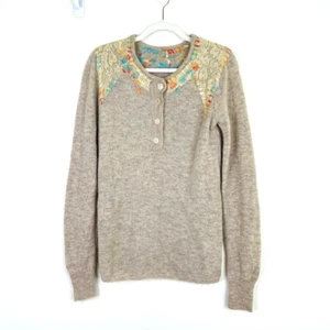 Free People Size M Wool Pullover Sweater Floral Embroidered Lace Boho Cottage - Picture 1 of 11