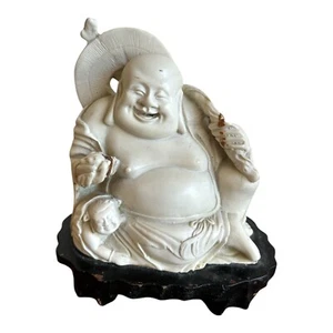 VINTAGE LAUGHING BUDDHA STATUE SITTING ON WOODEN BASE RESIN - Picture 1 of 9