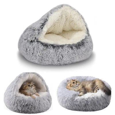 Cama para gato redonda de felpa mullida con capucha calmante cama para gato cueva cubierta autocalentable Foto 1 de 4