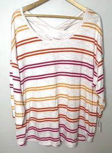 T By Talbots Women’s Plus 3X Striped 3/4 Sleeve T Shirt Round Neck Back Cutout - Picture 1 of 5