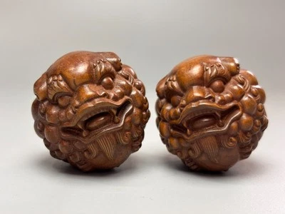 Par de estatua bola de bestia dragón Pixiu Qilin Foo Dogs de boj de China de 38 mm W570 Foto 1 de 4