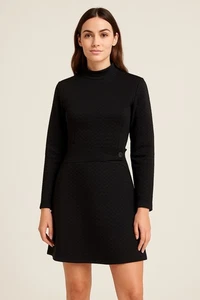 ModCloth Dress Sz M Black Retro 60s Style Mod Mini Textured Mock Neck Sz M  - Picture 1 of 10