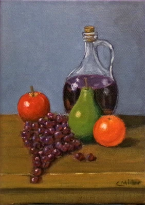 Fruit & Wine Still Life Apple Orange Grapes Pear Original Painting 5x7 Wall Art - Image 1 of 4