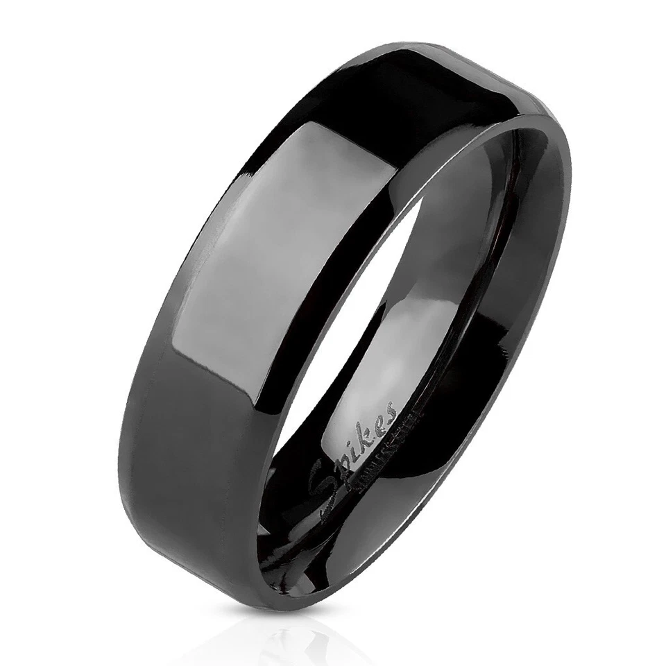 Anillo de alianza de boda de acero inoxidable negro biselado plano pulido 6 mm 8 mm tamaño 5-14 Foto 1 de 1