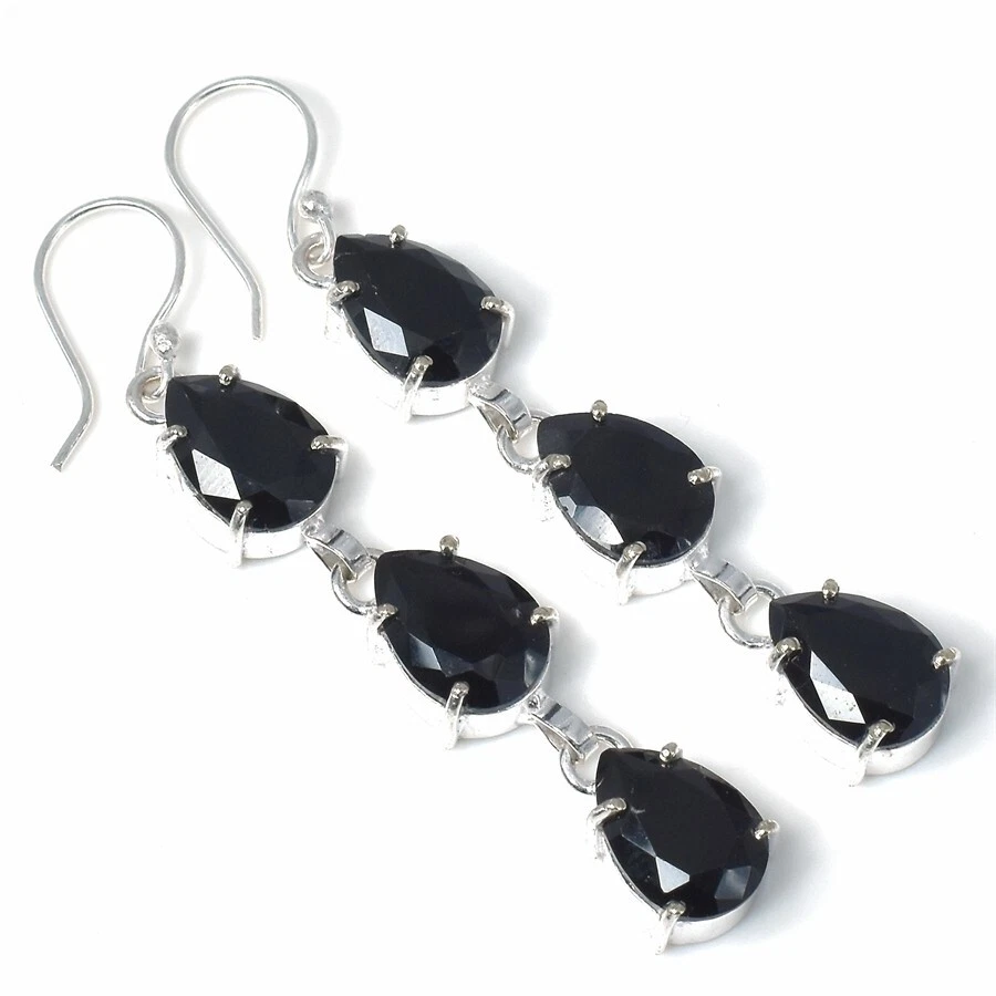 Black Spinel Gemstone Handmade 925 Sterling Silver Jewelry  Earring Size 2.4" - Image 1 of 1