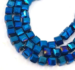 50 Czech Firepolish Glass Faceted Cube Beads 4mm - Metallic Cobalt Blue - Picture 1 of 3