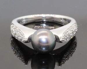 14k White Gold Akoya Pearl Diamond Cocktail Ring Size 7.25 - Estate Sale - Picture 1 of 4