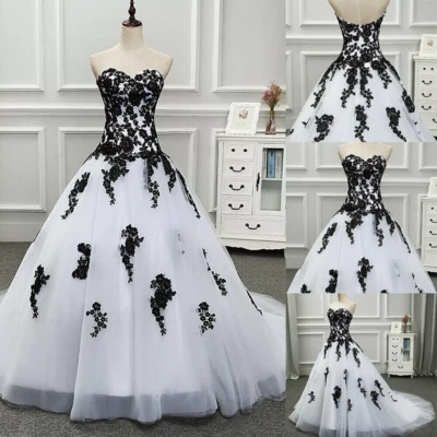 Elegant Sweetheart Wedding Dresses Black Lace Appliques White Tulle Bridal Gowns - Image 1 of 4