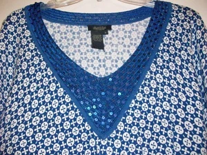 Peck & Peck Blue V Neck Pullover women's SM New WT Sequenced Neckline - Picture 1 of 4