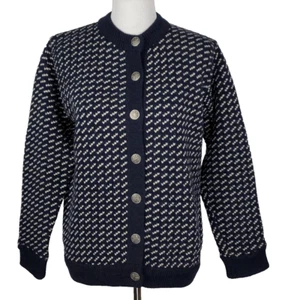 VTG~LL Bean~Women M~Navy & Ivory Birdseye Wool Bl Norwegian Button-Up Sweater~LN - Picture 1 of 9