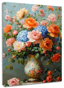 Vintage Orange Floral Blue Hydrangea Abstract Wall Art for Bathroom Living Room - Picture 1 of 15