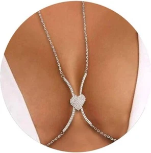 Rhinestone Body Chains Silver Bracket Chest Chain Bikini Crystal Bra Chain Party - Picture 1 of 7