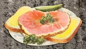 Poster Vintage Diner Prosciutto Sandwich Insegna Fontana Soda NOS 1950 con Sottaceto CC - Foto 1 di 4