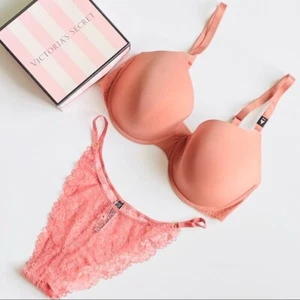 NEW 38DDD XL Victorias Secret tan beige pink tshirt bra set lace brazilian panty - Picture 1 of 5