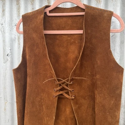 Chaleco Western Boho Hippie Vintage Gamuza Flecos Cuero Con Cuentas Con Cordones Marrón OSFA Foto 1 de 4