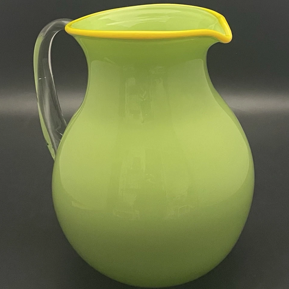 Studio Art Hand Blown Glass Lime Green & Yellow Pitcher/Jug Made in USA 2 quart - Image 1 of 4