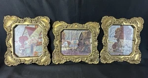 3er Set Vintage Folienkunst Landdrucke gestempelt massiv Messingrahmen Made England - Bild 1 von 13