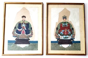 (2) ANTIGUO RETRATO DE ANCESTRO CHINO ORIGINAL CHINOISERIE SEDA EMPERATRIZ - Imagen 1 de 7