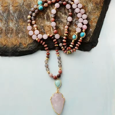 Rose Quartz Arrowhead Necklace Pendant Turquoise 108 Beads Meditation Talisman - Image 1 of 4