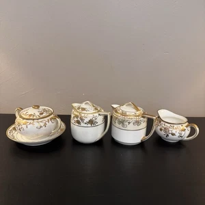 4-teiliges antikes Noritake Nippon Sahne Zuckerdose Set handbemalt Goldrand mit Deckel - Bild 1 von 24