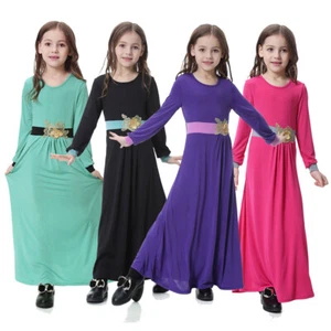 Kids Girls Long Sleeve Dress Muslim Abaya Islamic Kaftan Robe Party Gown Caftan - Picture 1 of 82