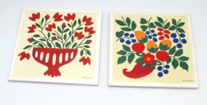 VINTAGE BERGGREN HAND SCREENED CERAMIC TILE TRIVET WALL HANGINGS - SET OF 2 - Picture 1 of 4