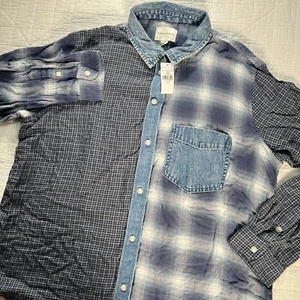 American Eagle Womens Medium Blue Plaid Patchwork Denim Button Down Shirt NWT - Picture 1 of 8