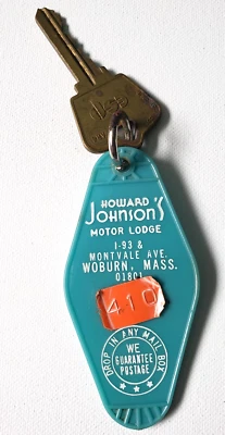 Llavero y llavero vintage Howard Johnson para habitación de hotel WOBURN Mass Massachusetts #410 Foto 1 de 2