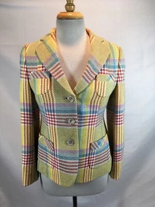 RENA LANGE Yellow Plaid Silk Blend Blazer Size 8 - Picture 1 of 5