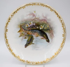 Placa de gabinete de peces pintada a mano Minton, lucio, firmada por William Mussill, alrededor de 1900 - Imagen 1 de 6