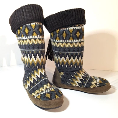 Mukluks Tall Knit, Slouch Cuff Boots, 6.5-7.5, Brown, Southwestern Aztec Blanket - Image 1 of 4