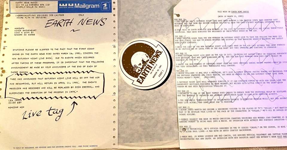 3/16/81 EARTH NEWS RADIO FEATURES SATURDAY NIGHT LIVE, NAZARETH, MASON WILLIAMS - Image 1 of 1