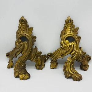 Acanthus Andirons Pair French Bronze Cast Chenet Rococo Style 19th Bookends Feet - Picture 1 of 10